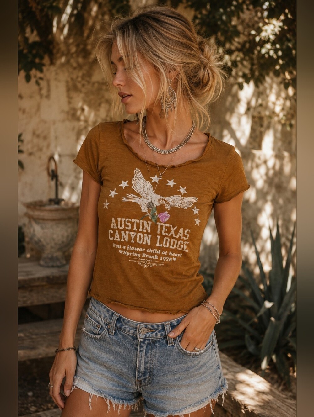 Spell Austin Texas Graphic Baby Tee Brown Y2K Western Boho T Shirt Small